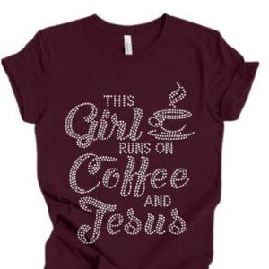 Medium Burgundy Custom Rhinestone Canva Womens T-shirt This Girls Run on Coffee